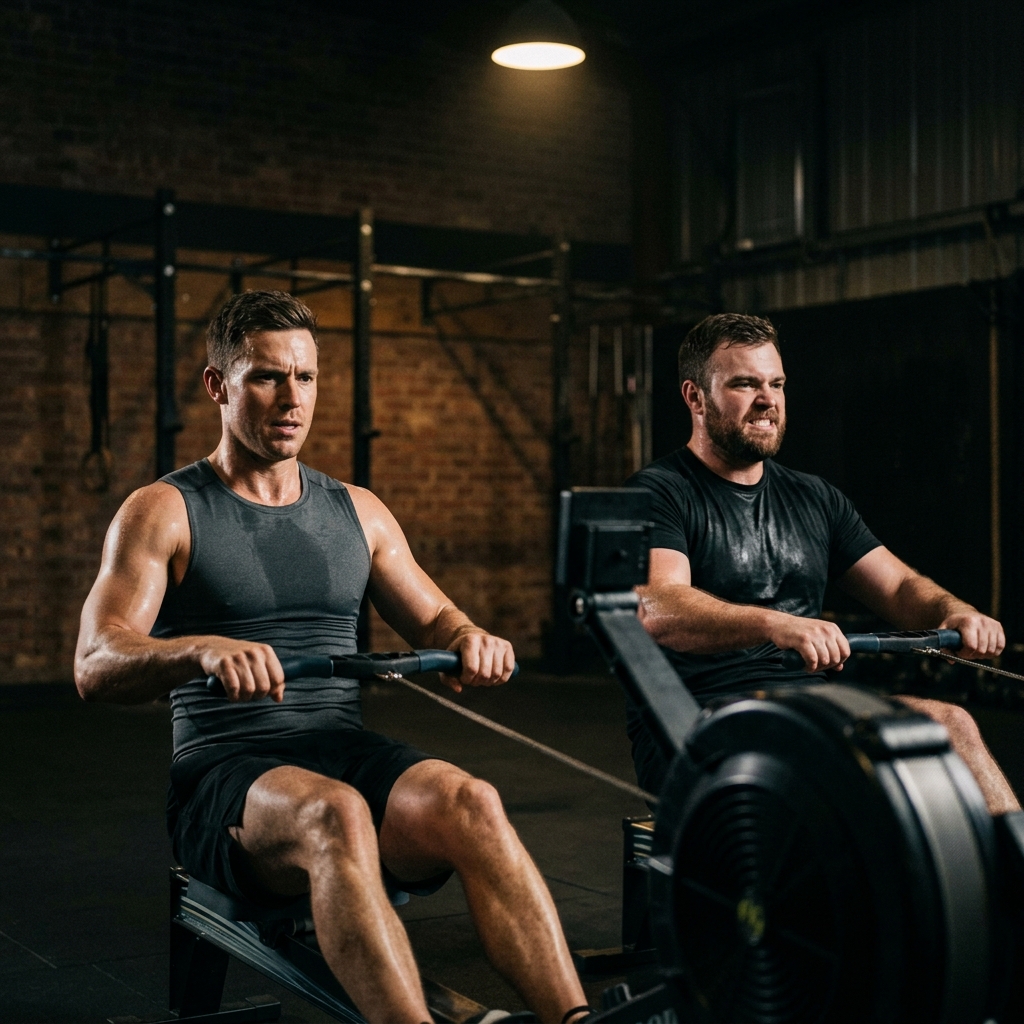 Two friends competing in a high-intensity workout