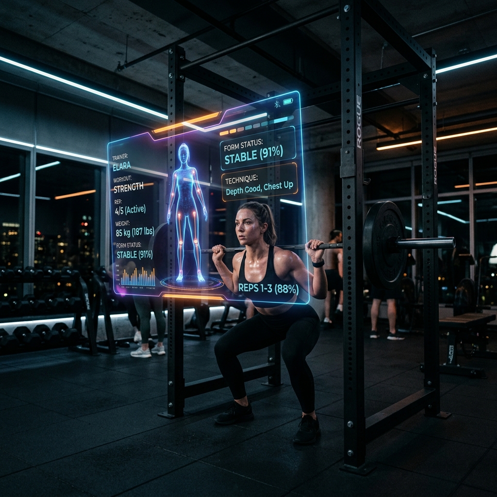 Futuristic AI interface floating in gym