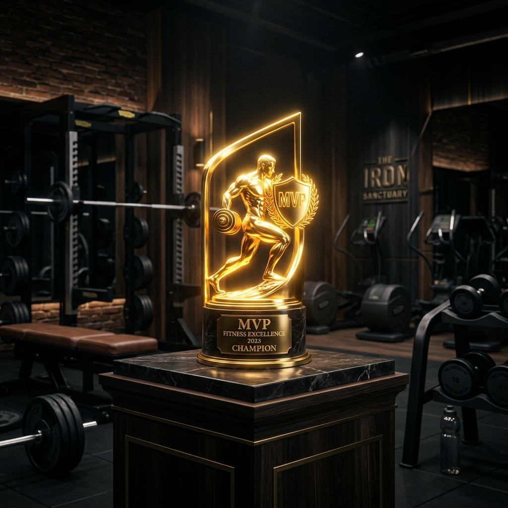 Glowing golden MVP fitness trophy