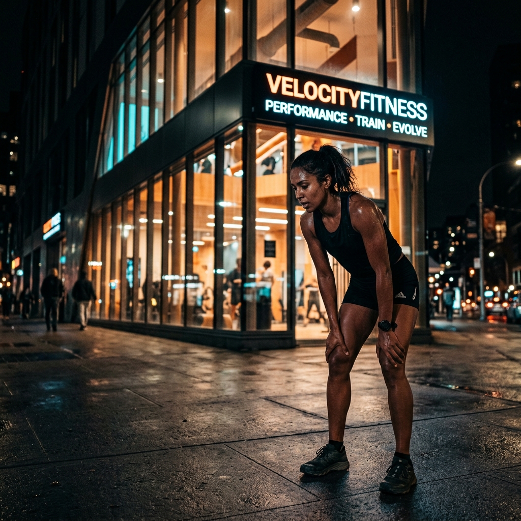 Athlete outside a glowing fitness studio